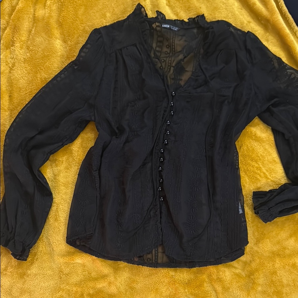SHEIN Black Sheer Button-Up Blouse
